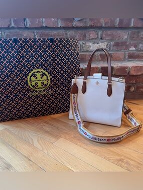 Tory Burch Emerson Ivory Color Block Structured Work Satchel w/ Floral Strap